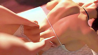 Aroused dude in 3d animation throat-fucks curvy milf on a lounger and unloads cum straight into her throat