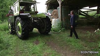 Ginger milf seduces the farmer and blowjobs his dick