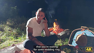 HUNT4K. Sexy skinny brunette doesn't care about her BF and is giving a sloppy blowjob to a stranger