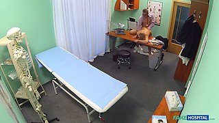 Blonde teen with small tits gets slammed hard on the doctors' surgery desk in fake hospital