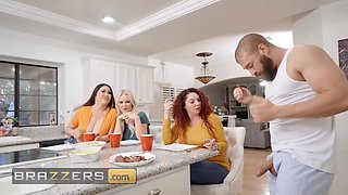 Xander Corvus gets a rough fuck from three hot babes with fake tits, brazzers, and big tits