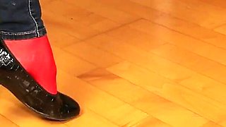 Red Nylon Feet in Black Shiny Heels - Dangling & Tease in Tight Jeans