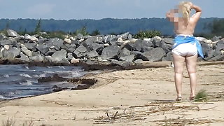 Hot Mom on the Beach in White Swimsuit