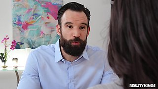 Dark-haired schoolgirl with glasses seduced bearded French dude