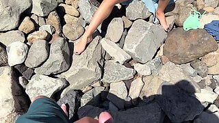 Triple sex with blonde and brunette on nudist beach