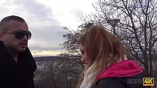 HUNT4K. Man covers redhead's tummy with sperm after sex for money