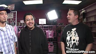 Petite pornstars in filthy sex shop spit roast for audriannaangel in POV