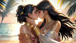 Indian beautiful girls kissing on the beach (Ai models)