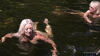 Lesbian sex of two mature beauties Marcela and Martina by the pool