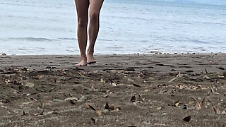 Korean teen walking naked on the beach with perfect tits