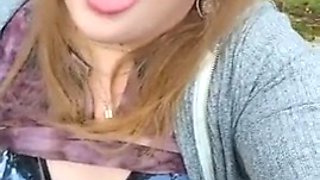 Bbw MILF in jeans solo fat pussy play on outdoor nature trail in public