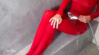 Red Nylon Catsuit Shower Tease