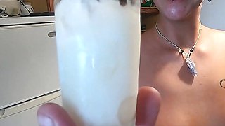 Girlfriend drinks a lots of saved cum from a shotglass