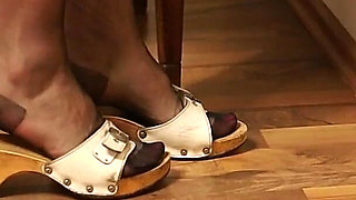 Nylons & Classic Wooden Clogs - Slow Dangling Tease