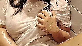 Teen British Brunette Wet T Shirt Shower & Pussy Finger Fuck Orgasm