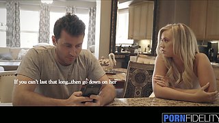 Worthless Homebody Becomes a Real Fuck-machine To Stop His Lovely Busty Blonde GF From Dumping Him