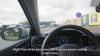 Freaky stepmom helps him empty his balls right in the car POV
