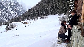 Couple Hide To Fuck While Hiking In The Snow Mountain Forest And Birdsong Romantic Intimate Love