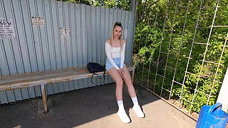 Blonde at the bus stop fucked with a big dick for money outdoor