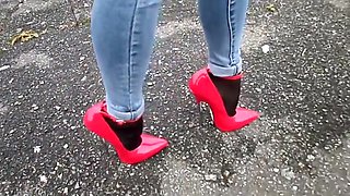Walking in extreme heels and jeans