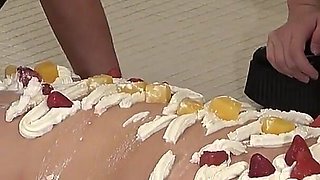 Female Body Cake. Mistress Spreads Cream on Female Slave's Body and Makes Her Lick Her Whole Body as Food for Male Slaves