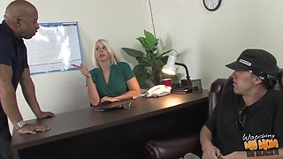 Blonde milf Mandy Sweet gets fucked by a black stud in an office