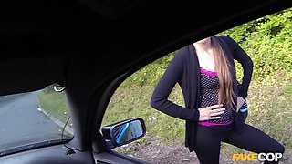 Faux cop - skinny girl trades eating cock and pound for a rail home