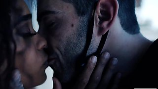 Petite ebony Scarlit Scandal cheats on her ill husband with a hung white guy