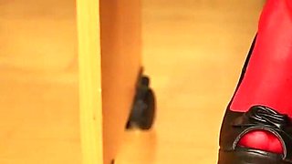 Peeptoe Dangling in Red Stockings & Black Leggings