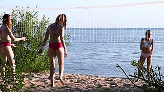 Luscious teens enjoying hot and wild lesbian beach party