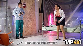 Chubby boss lady Mrs. Boss caught fingering and fucks stranger during lunch break