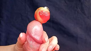 Three ruined orgasm for chastity sissy with tied balls