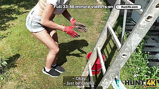 HUNT4K. Sexy Fanta Sie fucks with old Hunter for her annual salary in public