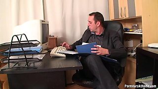 The DP Interview-Skinny shy pale leggy innocent blonde secretary tricked into pleasuring 2 bosses hard cocks all