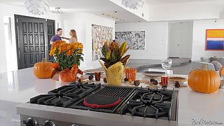 Kate Linn cheats on her husband with a big cock after Thanksgiving dinner and gets a cumshot