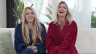 The backstage of the porn set with two hot blondes