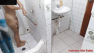 Perverted stepmom her stepson in the bathroom when her husband almost caught them