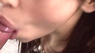 Skinny Japanese babe blows a man with hairy and big dick