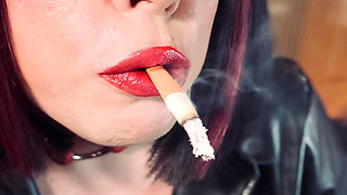 Leather Wife Tina Snua Smoking In Red Latex Gloves  -  Smoker Shiny Goth Gothic Emo Makeup Wig