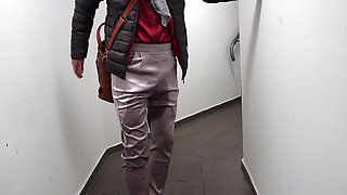 I piss 2 times in my satin outfit with pantyhose and highheels outdoor