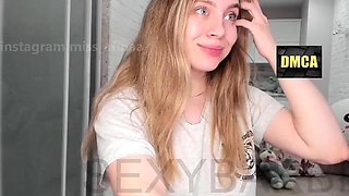 Busty Russian blonde sucks dildo and licks her nipples