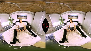 Puss In Boots - Big Tits Brunette Upskirt Leg Fetish Solo On The Bed