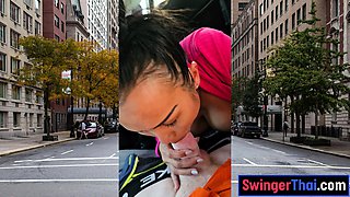 Thai MILF big cock car blowjob in public
