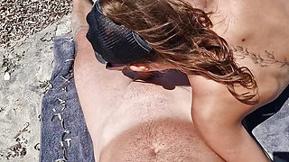 stepdaughter sucks stepdad on the beach in Greece big public cumshot