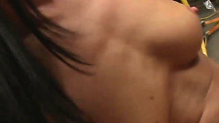Pretty brunette, India Summer, gets it on with a rough looking dude in a garage, Squirts As She Gets Fucked