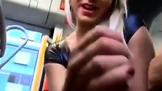 Nervous Boyfriend Receives a Bus Blowjob from His Blonde Gir