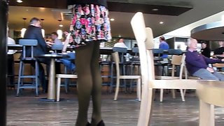 Sexy slender amateur hottie in stockings upskirt in public