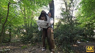 Amazing black girl dressed like a bride has passionate sex with her lover outside in the woods