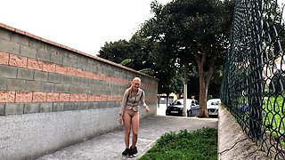 Blonde Amateur Takes Facial Outdoors In Public