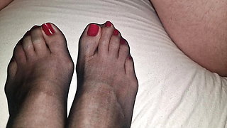 Cum on perfect wife's black nylon feet - red polish pedicure